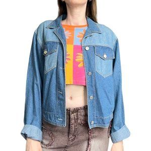 Vintage 90s denim jacket with glitter panels by Monique Fashions. Size XL.